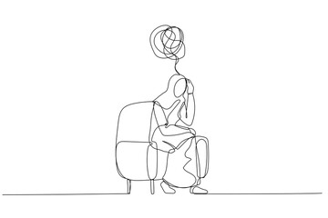 Drawing of muslim woman depressed and overthinking because of bankruptcy and loss. One continuous line art style