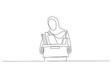 Illustration of stress muslim woman stand holding box full of belonging after being fired. Single continuous line art style