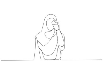 Cartoon of stress muslim woman worker feeling headache exhausted and unhappy. Single line art style