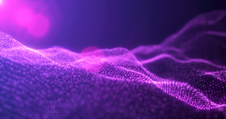 Fototapeta na wymiar Abstract waves from particles and lines of purple futuristic beautiful flying glowing magical energy with sun rays and blur effect. Abstract background