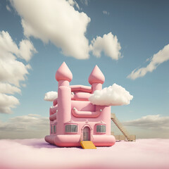 A small pastel pink children's castle surrounded by a thick white cloud. Abstract landscape. A inflatable castle for children in the clouds. Illustration. Generative AI. - obrazy, fototapety, plakaty