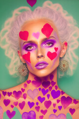 Portrait of modern young beautiful girl, flat lay makeup as Valentine's day costume with vivid color hearts on face and body. Illustration. Generative AI.