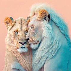 A cute, little two lions hug each other, a symbol of love. Pastel, creative, animal concept. Valentine's Day, king of animals couple in a pet relationship. Illustration. Generative AI.