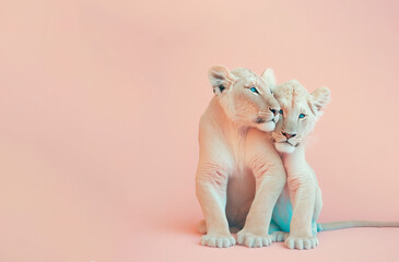 A cute, little two baby lions hug each other, a symbol of love. Pastel, creative, animal concept. Valentine's Day, king of animals couple in a pet relationship. Illustration. Generative AI.