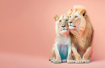 A cute, little two lions hug each other, a symbol of love. Pastel, creative, animal concept. Valentine's Day, king of animals couple in a pet relationship. Illustration. Generative AI.