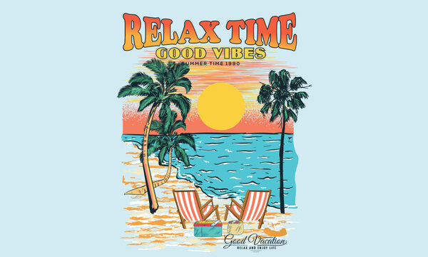 Relax time, summer vibes t-shirt artwork. Palm tree, chare graphic print design. Enjoy summer time vector design.