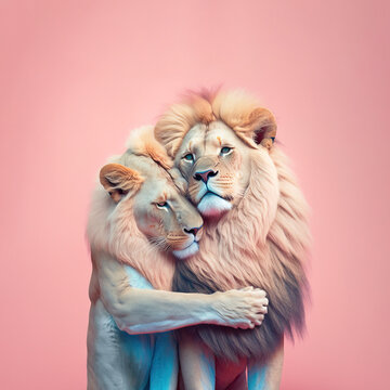 A cute, little two lions hug each other, a symbol of love. Pastel, creative, animal concept. Valentine's Day, king of animals couple in a pet relationship. Illustration. Generative AI.