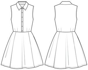 womens sleeveless shirt dress flat sketch technical cad drawing vector template