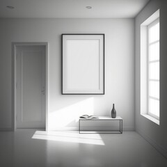 Fototapeta premium a minimalist room with an empty white picture hanging on the wall in a frame