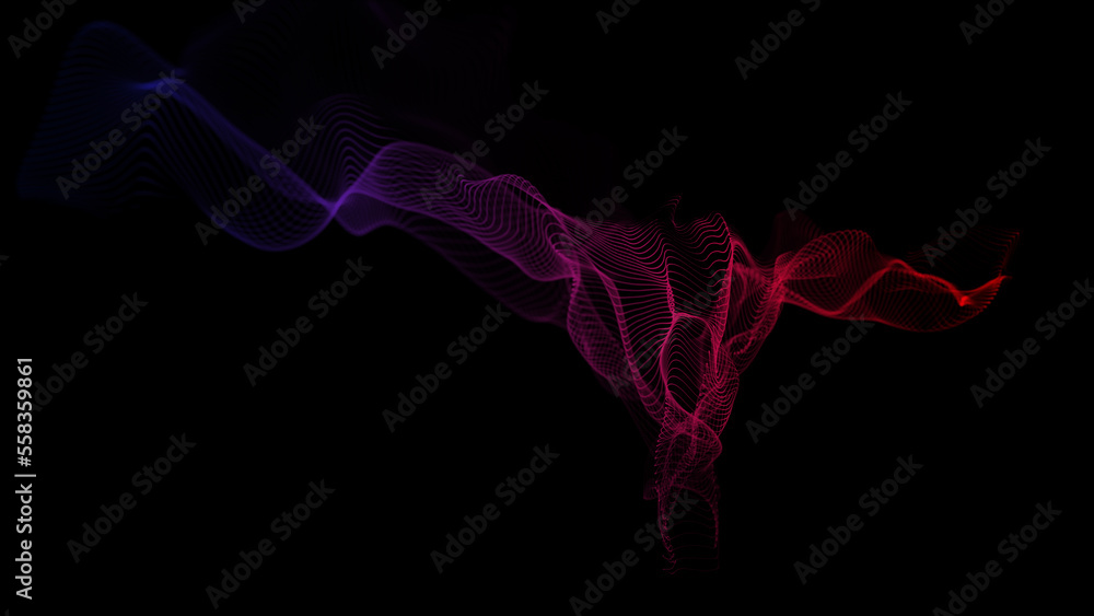 Poster Textured wave of particles. Visualization of technological connections. Molecular connection of particles in space. A wave of atoms. 3d rendering.