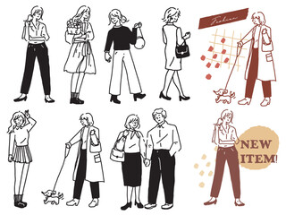 白黒、モノトーン、線画のイラスト(手書き、オシャレ、雑誌、ファッション、可愛い、人物、女の子) Black and white, monotone, and line drawing illustrations.Handwritten, stylish, magazine, fashion, cute, person, girl.