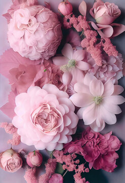 Spring creative soft concept of fresh Spring flowers and roses. Holidays in which women receive surprise and bouquet of flowers. Pastel pink flat lay background. Illustration. Generative AI.