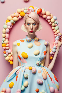Pastel, Spring, Easter styling of a young beautiful girl. A dress made of painted colorful eggs. Pastel pink background. Illustration. Generative AI.