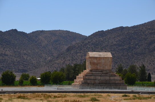 tomb of Kyros II. in Pasargadae, Iran with Zagros mountain range in background