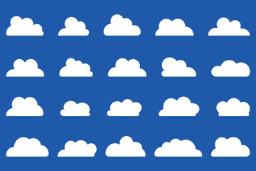 Flat cloud shape vector icon set on blue background.