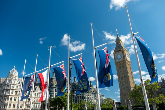 London- Commonwealth of Nations or The Commonwealth flags on display on Parliament Square by the British houses of Parliament