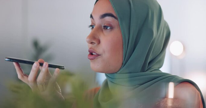 Communication, speaker phone call and woman talking, networking or consulting on 5g conversation. Islamic personal assistant, Arab secretary or Muslim receptionist taking mobile voice note recording