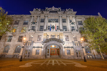 Facade of the Franz Liszt Academy of Music in Budapest, Hungary at night. A concert hall and music...