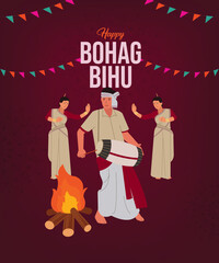 Vector illustration of Happy Bihu, Assamese New Year, Indian traditional Harvest festival of Assam, a man and woman performing Bihu folk dance.