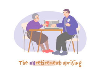 Unretirement concept. Old woman at job interview. Horizontal poster.