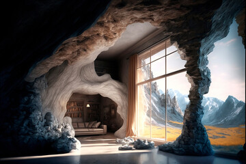 Luxury cave house experimental nature stones  architecture, generative ai illustration 
