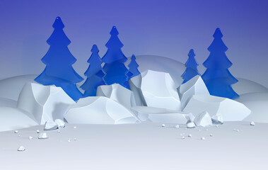 Fototapeta na wymiar Ice frozen blue fir trees among blocks of ice. Strong winter cold as a background for the product. Christmas 3D card. Stylized nature under the north pole.