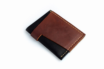 Brown leather wallet with blank cards, isolated on white background