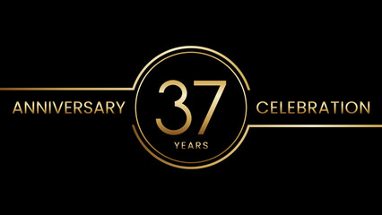 37th anniversary. Anniversary template design with golden text and ring. Logo Vector Template