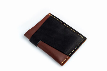Black leather wallet with blank cards, isolated on white background