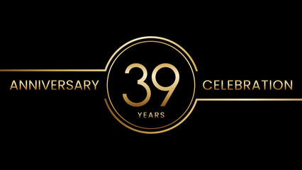 39th anniversary. Anniversary template design with golden text and ring. Logo Vector Template