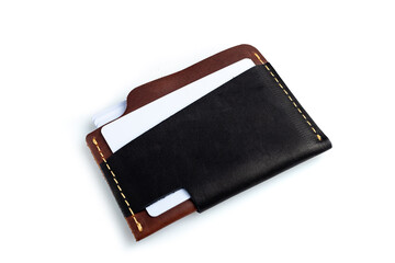 Black leather wallet with blank cards, isolated on white background