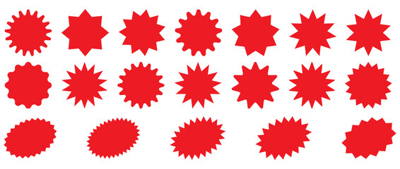 Sunburst promotion tag, bursting sticker promo badges, starburst speech bubbles. Explosion star button vector illustration.