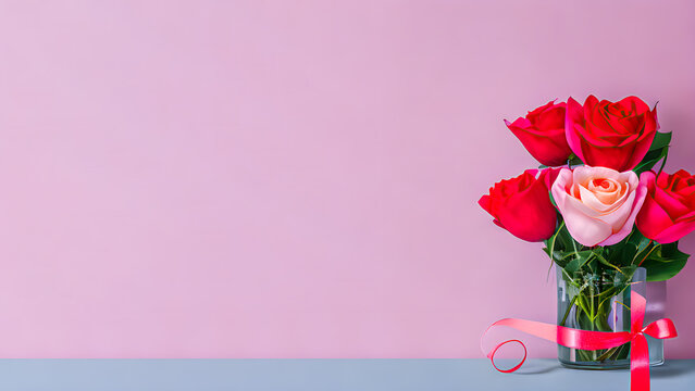 beautiful romantic red and pink roses in a vase. background illustration, generative ai. 