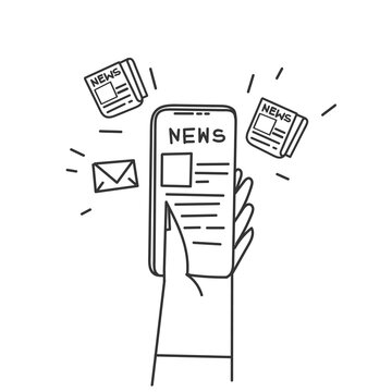 Hand Drawn Doodle Reading News On Mobile Phone Illustration Vector