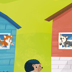 cartoon farm ranch animals houses illustration