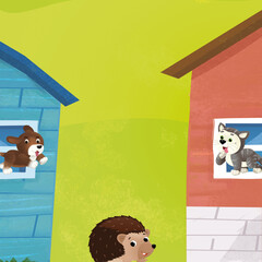 cartoon farm ranch animals houses illustration