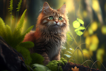 Naklejka na ściany i meble A lovely cat is standing in the forest. Generative AI.