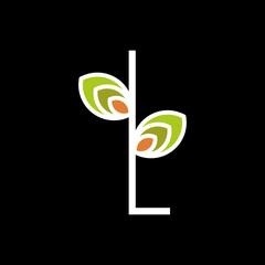 L logo vector design, initial L, abstract art leaf in black and white colors