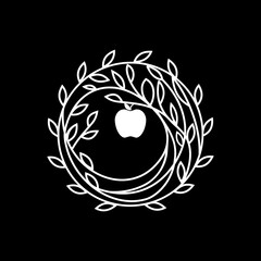 vector logo design of fruit, apple, leaf circular frame abstract art in black and white colors