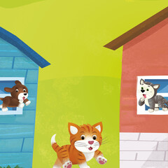 cartoon farm ranch animals houses illustration