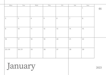 January 2023 simple design digital and printable calendar template illustration. Notes, scheduler, diary, calendar, memo, planner document template background. 