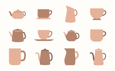 Tea ceremony ceramic cups, teapots, mugs , tea milk and coffee cups doodle set