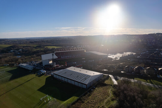 Barnsley FC Football Club Oakwell Stadium from above drone aerial view blue sky