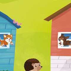 cartoon farm ranch animals houses illustration