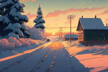 beautiful view of the sunrise in the morning on the country snowy road, january, art illustration