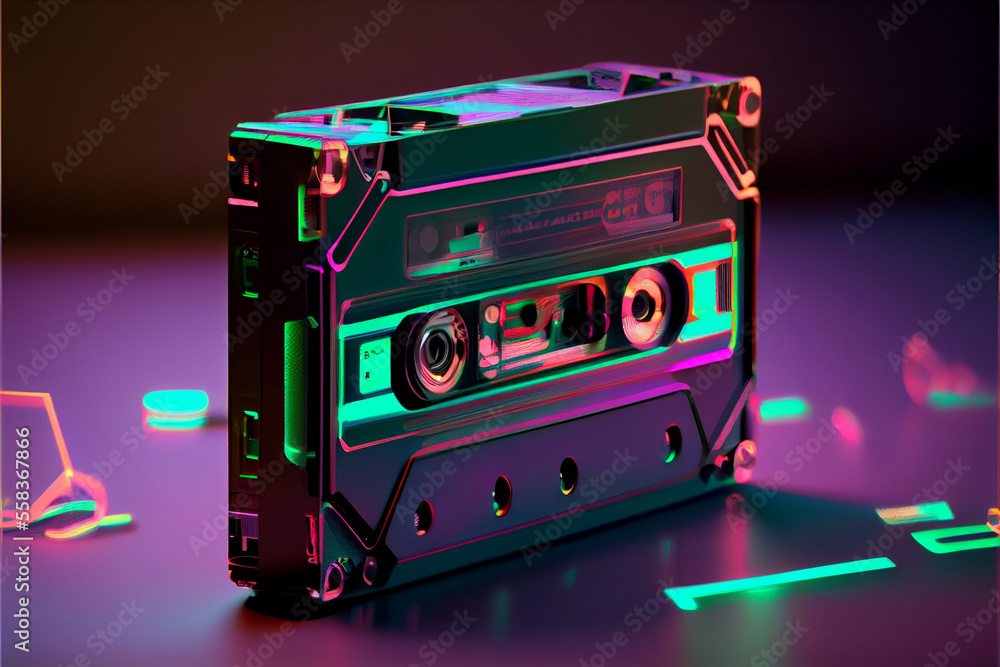 Poster beautiful audio cassette tape in neon light.minimalism retro style concept. 80s. background pattern 