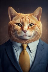 Portrait of a cat in a business suit. Pet portrait in clothing. Generative AI.
