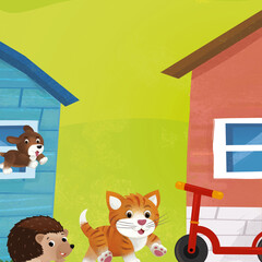 cartoon farm ranch animals houses illustration