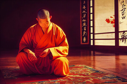 shaolin monk meditates in a temple, generative ai illustration