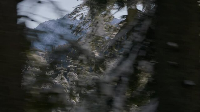 DRIVING establishing shot - peaks of beautiful Tatra mountain range on a sunny day are seen through the trees. Shot with a camera car